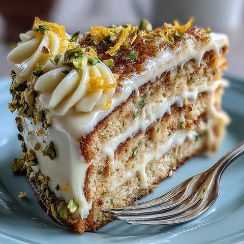 Vibrant Spring Birthday Lemon Pistachio Cake adorned with chopped pistachios and zest.