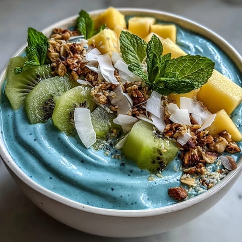 Blue spirulina smoothie bowl overflowing with colorful tropical fruits.