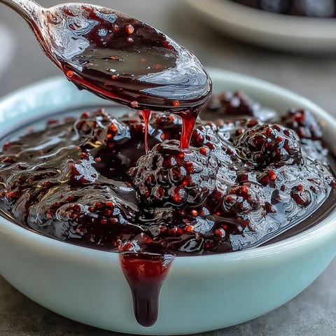 Vibrant Blackberry Jalapeño BBQ Sauce simmering with sweet and spicy flavors, perfect for grilling.
