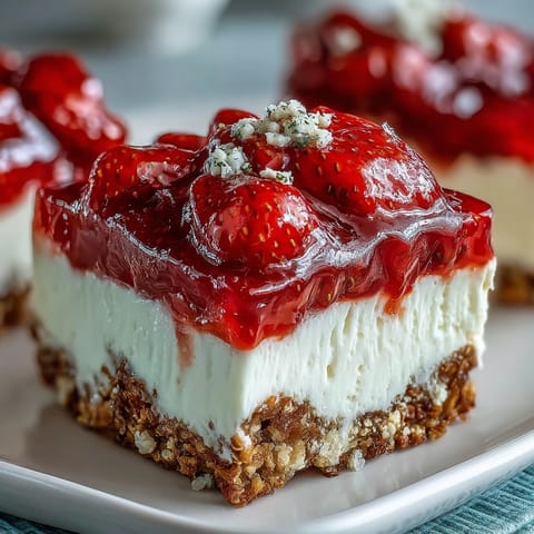 Sweet and salty strawberry pretzel salad bars with creamy cheesecake topped with fresh fruit.
