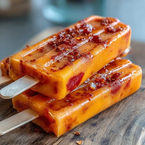 Juicy Fricy Mango Chamoy Popsicles with Tajin, perfect for a cool, tangy treat.