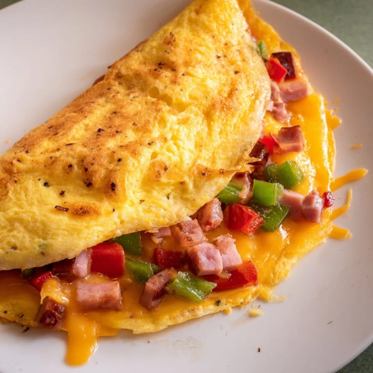 Savory Denver Omelet with visible pockets of ham and vegetables, served hot, a classic American meal.