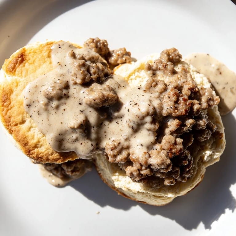 A close-up of golden brown biscuits smothered in a rich, savory sausage gravy recipe.