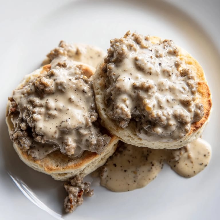 Warm, homemade biscuits and gravy, a comforting plate of Southern breakfast goodness.