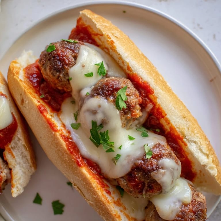 A close-up of a warm, cheesy Meatball Sub, ready to enjoy with a side.