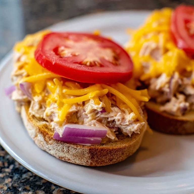 Melted cheddar blankets a toasted tuna melt, ready to enjoy with a side salad for a fulfilling meal.