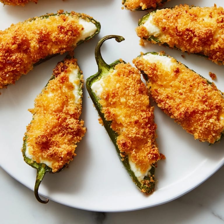 Close-up of freshly fried jalapeño poppers, showing a crunchy breadcrumb coating and melted cheese inside.