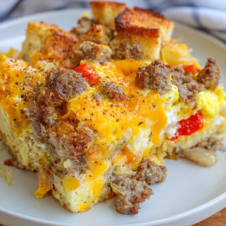 A close-up shot of the savory Breakfast Sausage Casserole, showcasing the fluffy egg texture.