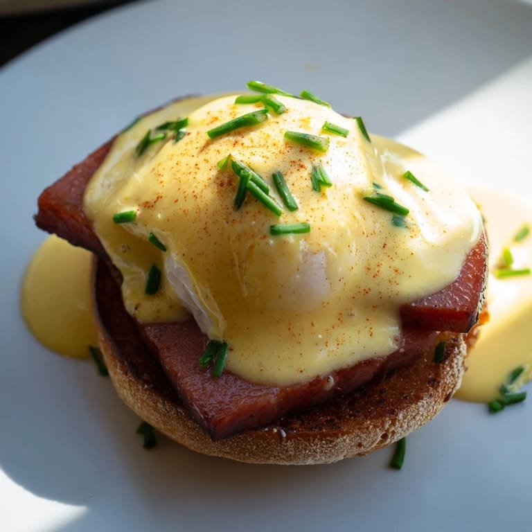 A close-up of Eggs Benedict, the savory breakfast staple, with runny yolks and toasted muffin rounds.