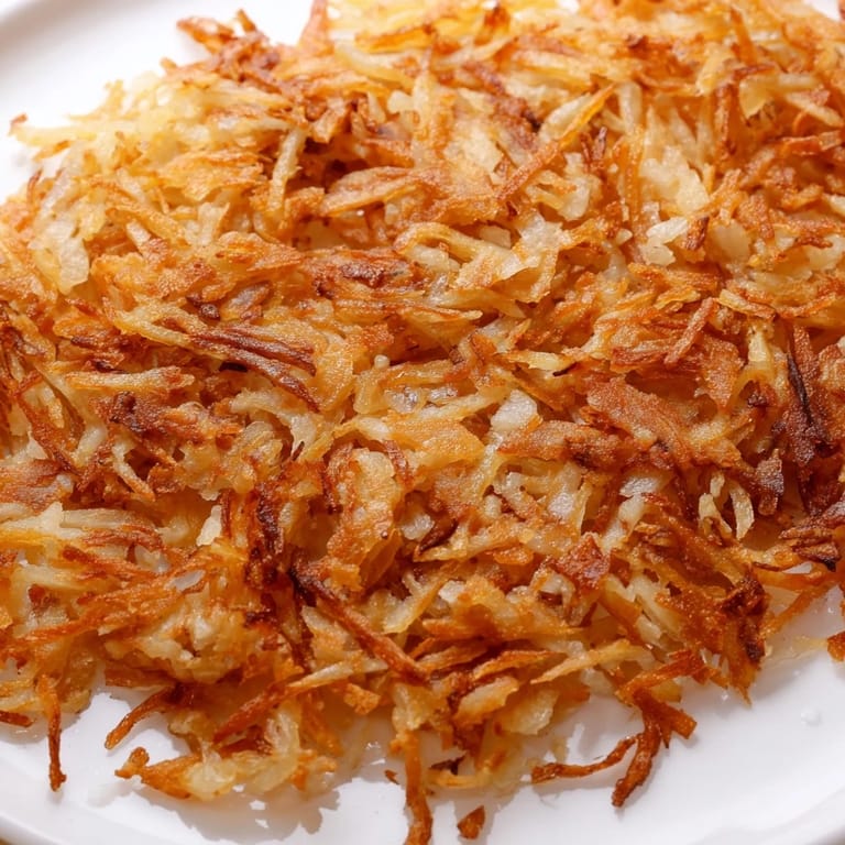 Close-up of golden hash browns sizzling in a pan, a comforting and flavorful breakfast staple.