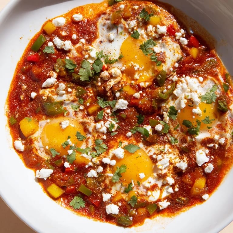 This delicious Shakshuka features simmering eggs in a vibrant sauce, garnished with fresh herbs.