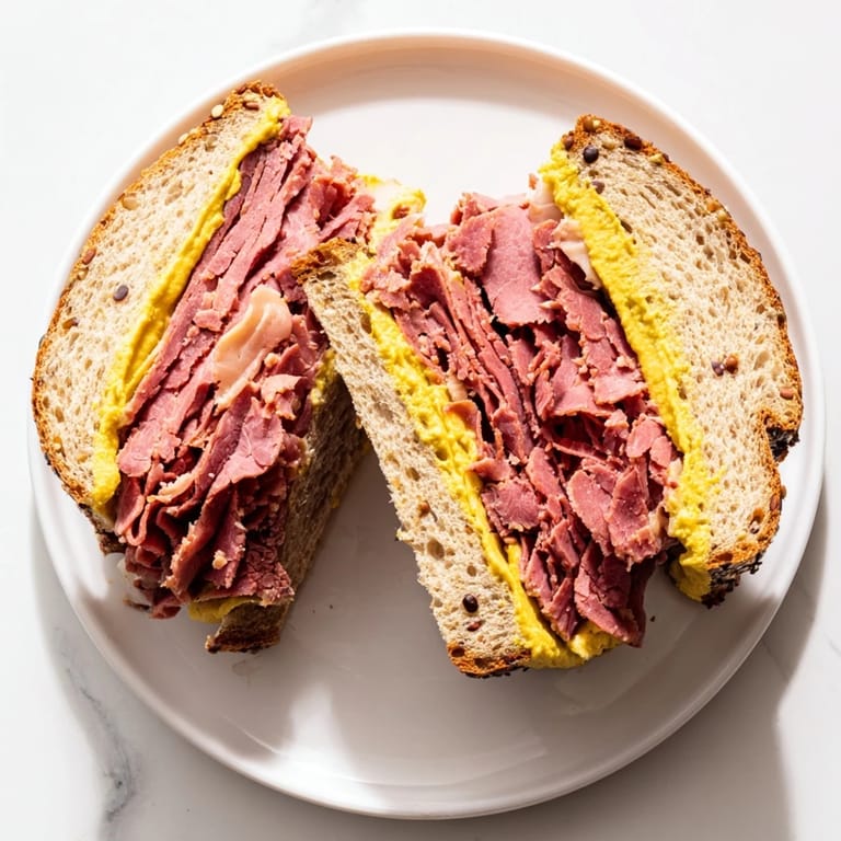 A stack of savory pastrami on rye, with a perfect bite taken from one half.