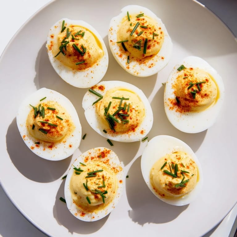 Perfectly chilled deviled eggs with a smooth, tangy filling, ready to enjoy as a flavorful snack.