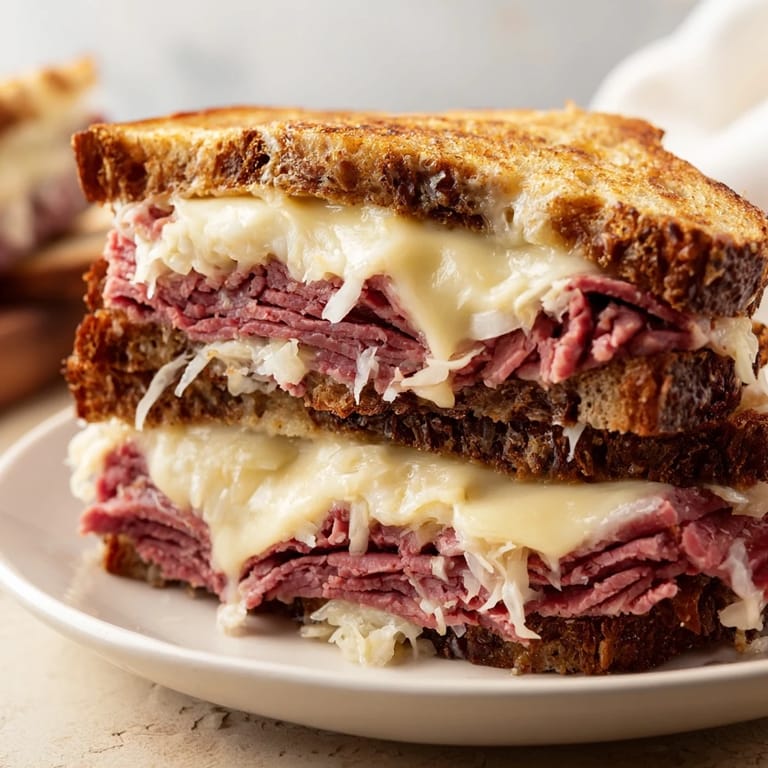 Close-up of a perfectly grilled Reuben sandwich, showcasing the textures of the ingredients inside.