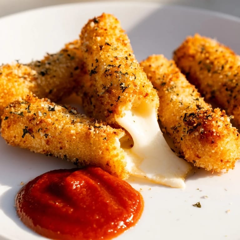 Melted cheese pull from a freshly fried mozzarella stick, a delicious appetizer ready to enjoy.