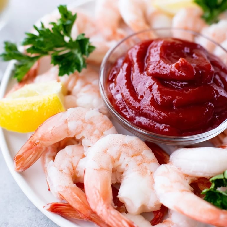 Elegant presentation of savory shrimp cocktail, a refreshing appetizer perfect for parties or happy hour.