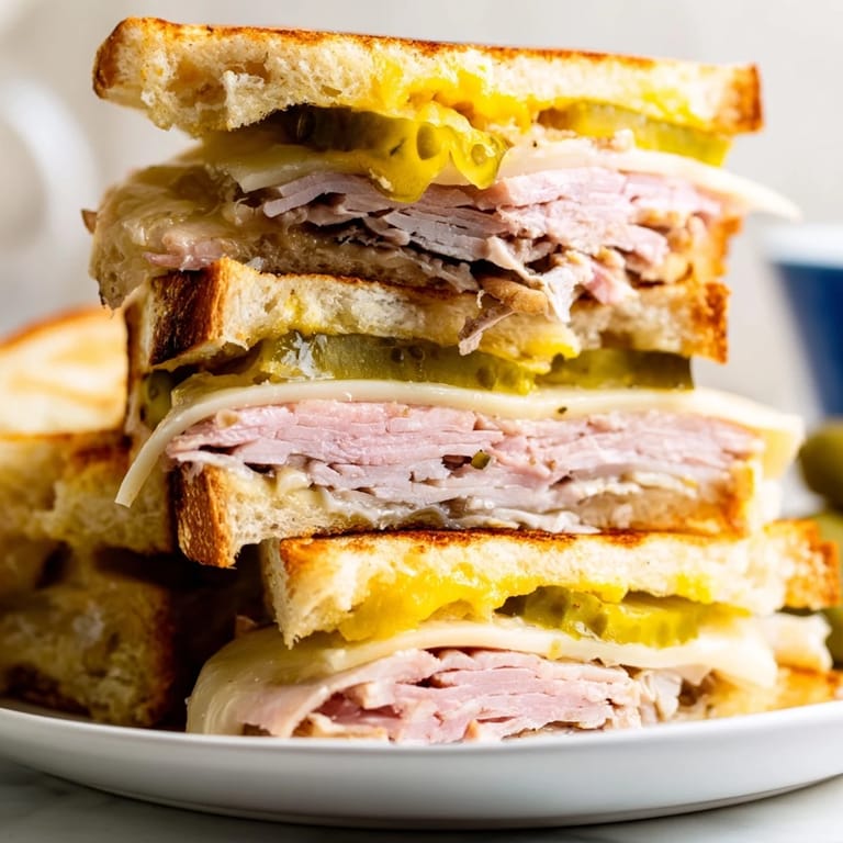 Crispy-grilled Cuban sandwich, showcasing the savory roast pork, ham, and pickle filling.