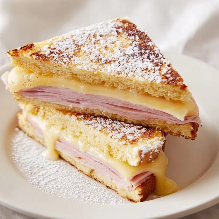 A decadent, savory Monte Cristo sandwich, dipped in egg batter, offering a delightful mix of flavors.