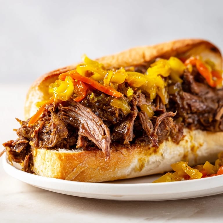 Steaming Italian Beef Sandwich on a toasted roll is overflowing with tender, shredded beef and toppings.