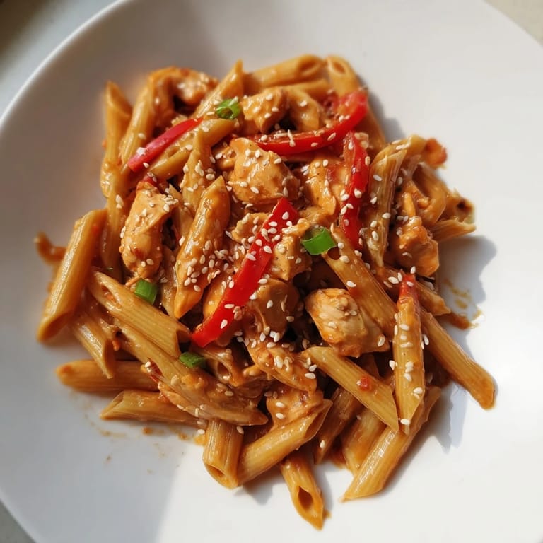 Hearty Sweet Chili Chicken Pasta features golden chicken and red bell peppers in a luscious, sweet-spicy cream sauce.  