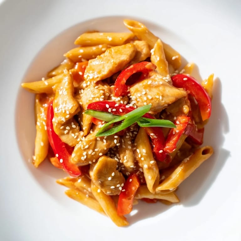 Sweet Chili Chicken Pasta served in a bowl with steam rising, accompanied by a glass of chilled Sauvignon Blanc.
