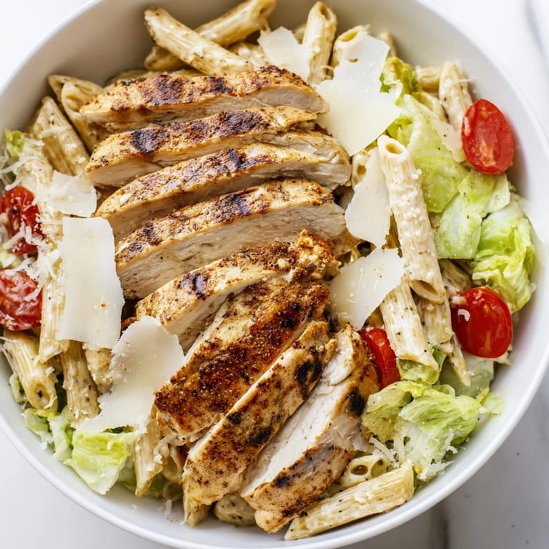 Freshly grated Parmesan, crunchy croutons, and lemon wedges garnish this hearty Spicy Chicken Caesar Pasta bowl.  
