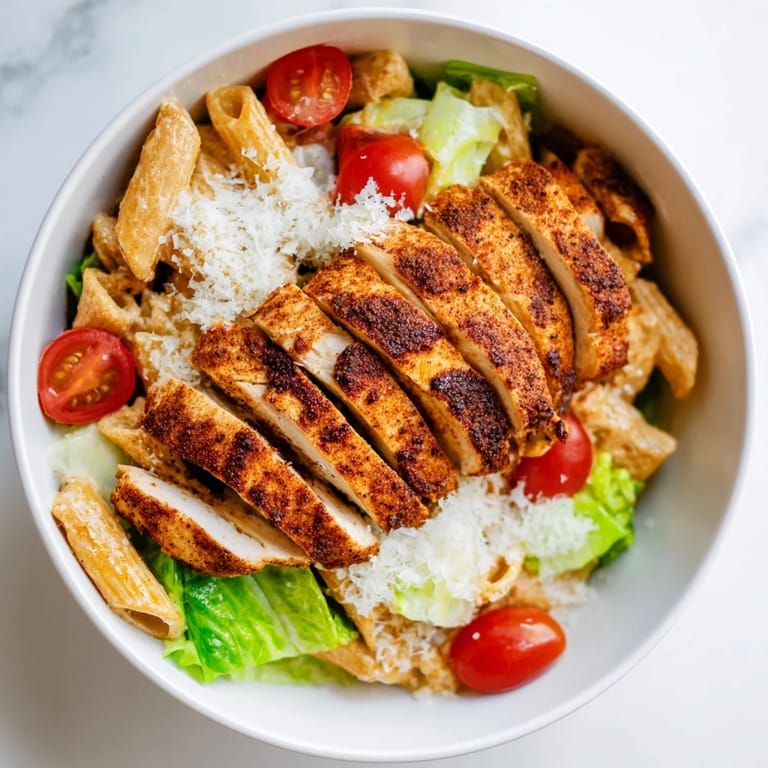 A close-up of saucy pasta and sliced spicy chicken, with bright romaine and red tomatoes showcasing the classic Caesar salad fusion.