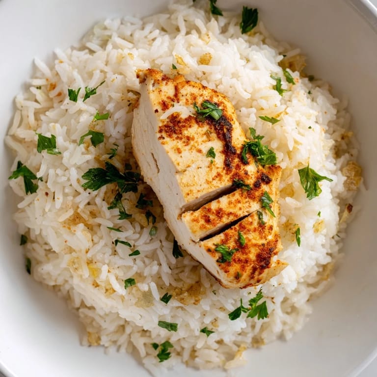 Hearty garlic butter rice with chicken features steaming grains, fresh parsley, and a satisfying slice of grilled poultry.