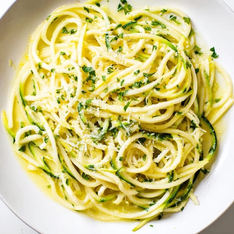 Close-up of Lemon Zucchini Pasta in a white bowl, featuring tender zucchini noodles, bright lemon zest, and fresh parsley garnish.