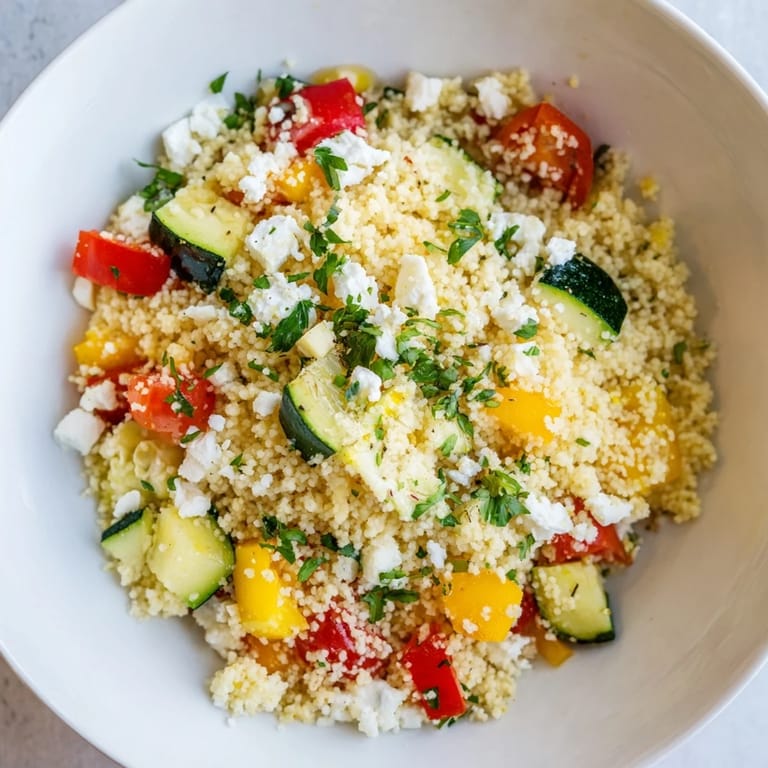 Bright Mediterranean Roasted Veggie Couscous Salad served in a white bowl, topped with fresh parsley and feta.