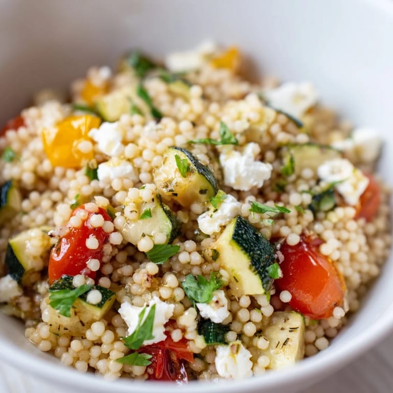 Colorful platter of Roasted Veggie Couscous Salad with golden edges, mint, and pine nuts—perfect light main dish.