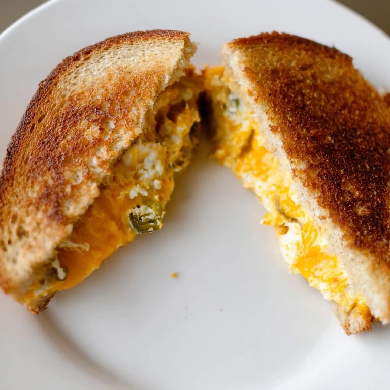A close-up of Jalapeño Popper Grilled Cheese shows crispy buttery sourdough oozing with spicy, creamy cheese filling, perfect alongside a bowl of tomato soup.