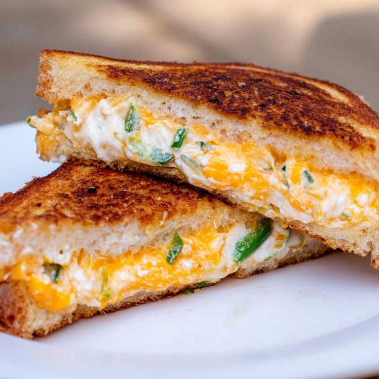 Freshly grilled Jalapeño Popper Grilled Cheese sandwiches rest on a white plate, featuring golden crusts and visible chunks of green jalapeño peppers.