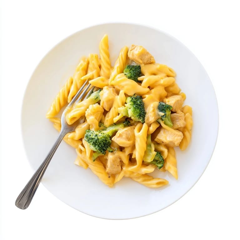 Family-friendly Chicken Broccoli Cheddar Pasta showcases al dente penne coated in velvety cheese sauce with sautéed chicken and fresh broccoli.  