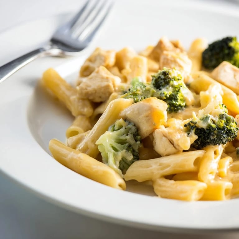 Comforting Chicken Broccoli Cheddar Pasta served in a white bowl, garnished with extra cheddar, perfect with a side salad.