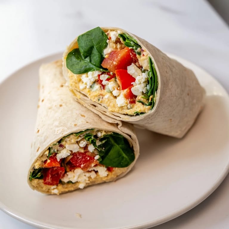 Freshly prepared Mediterranean Veggie Wraps sit halved on a plate, ready for a quick lunch, with optional cucumber slices and a pinch of oregano.
