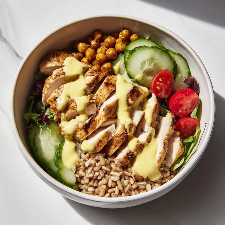 A wholesome Lemon Tahini Chicken Power Bowl with golden roasted chicken, hearty farro, fresh veggies, and creamy lemon-tahini sauce.