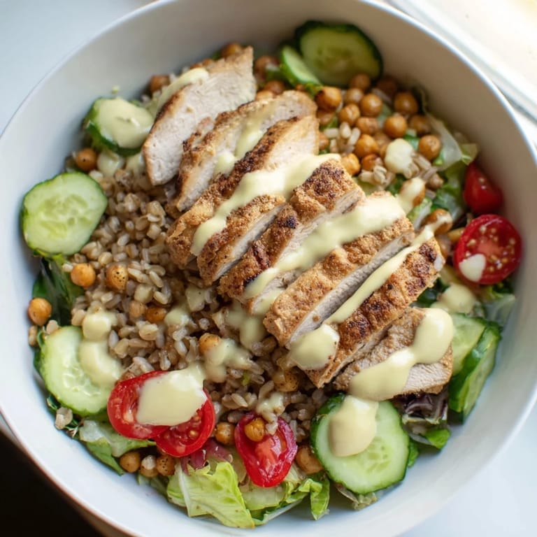 Vibrant Lemon Tahini Chicken Power Bowl served in a white bowl with cherry tomatoes, cucumber, and red onion slices.