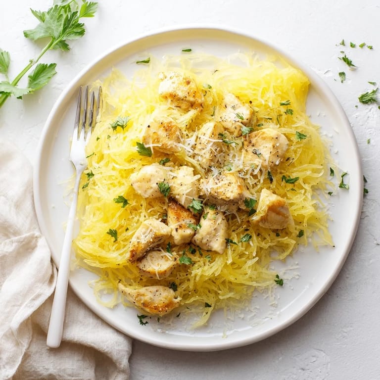 Colorful bowl of gluten-free Lemon Garlic Chicken Spaghetti Squash garnished with fresh parsley and grated Parmesan. 