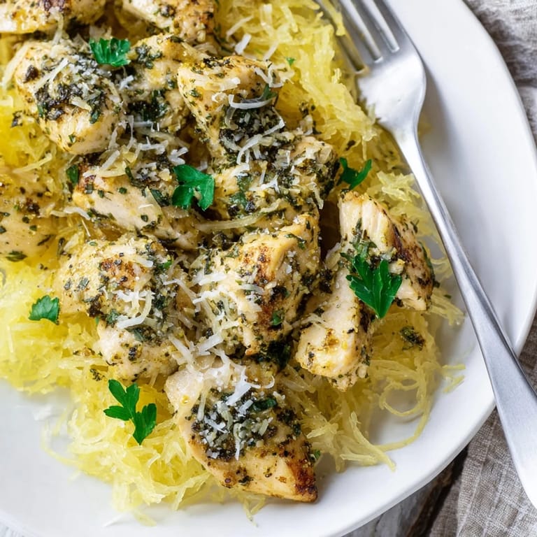 Golden chicken pieces, garlic, and herbs sautéed in a skillet, tossed with tender spaghetti squash noodles for dinner.