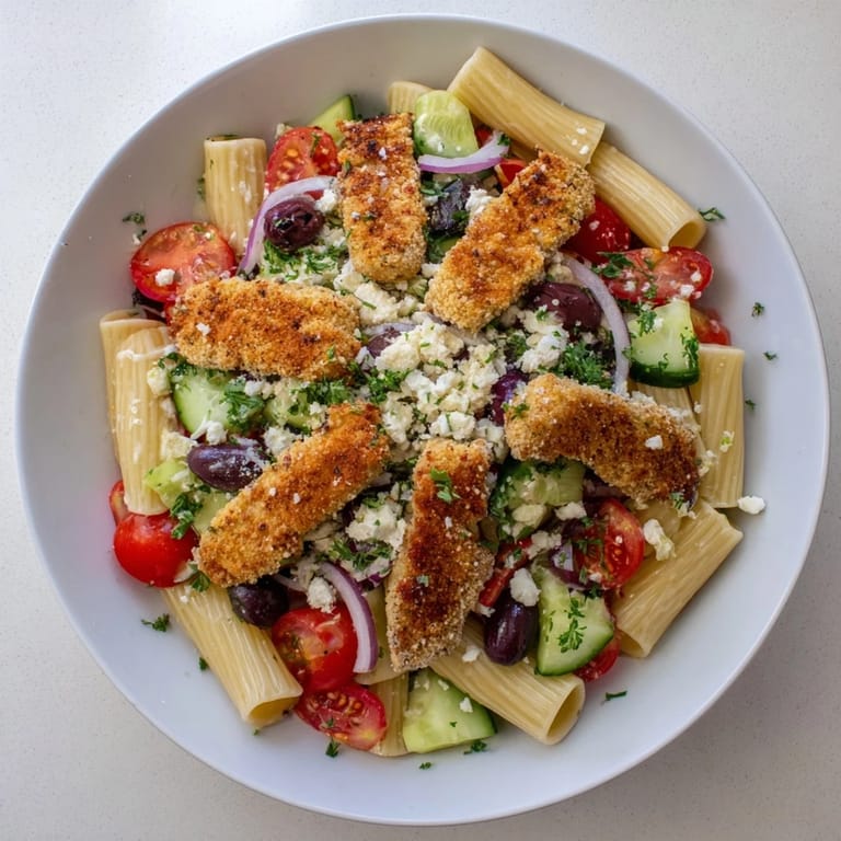 A close-up of Crispy Chicken Greek Pasta showcases zesty dressing drizzled over the vibrant Mediterranean salad and tender pasta.  