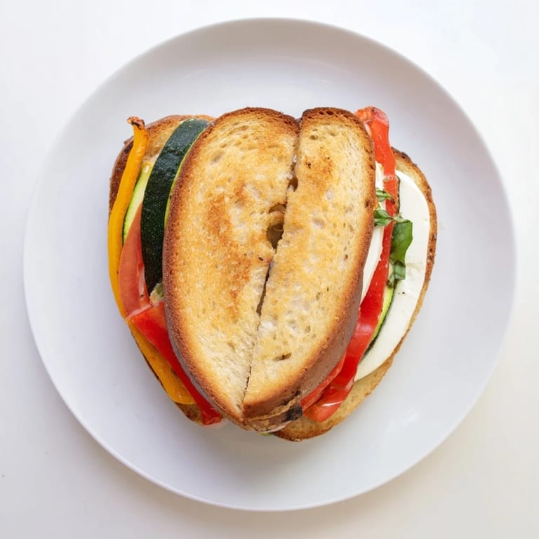 Roasted Veggie Caprese Grilled Cheese on a plate, served with a drizzle of balsamic glaze and fresh basil garnish.