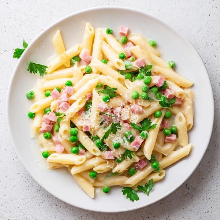 Spring Pea & Ham Pasta tossed with savory ham, fresh peas, and a velvety cream sauce, topped with chopped parsley.