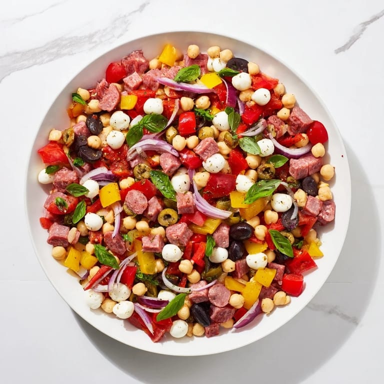 Overhead view of the antipasto chopped salad in a rustic bowl, ready to serve as a refreshing appetizer or light main course.  