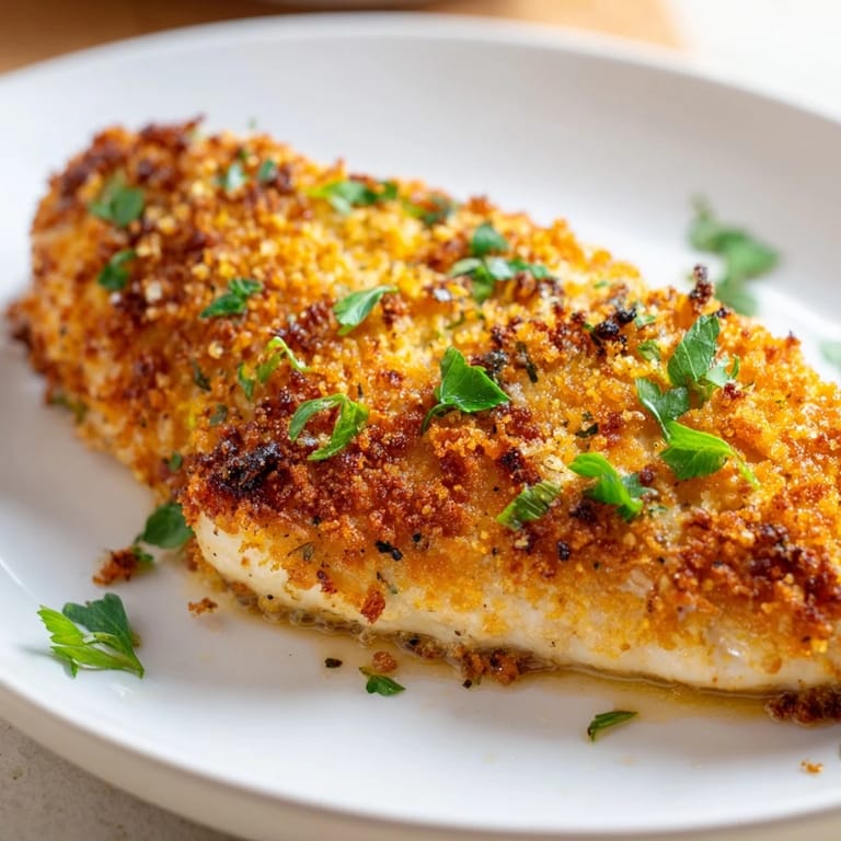 Tender, juicy chicken breasts coated in a crunchy garlic Parmesan breadcrumb topping, baked to perfection and served hot.  