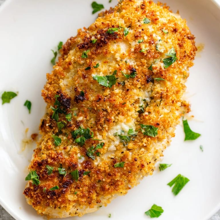A close-up of golden Roasted Garlic Parmesan Chicken, garnished with fresh parsley, ideal for a quick weeknight dinner.