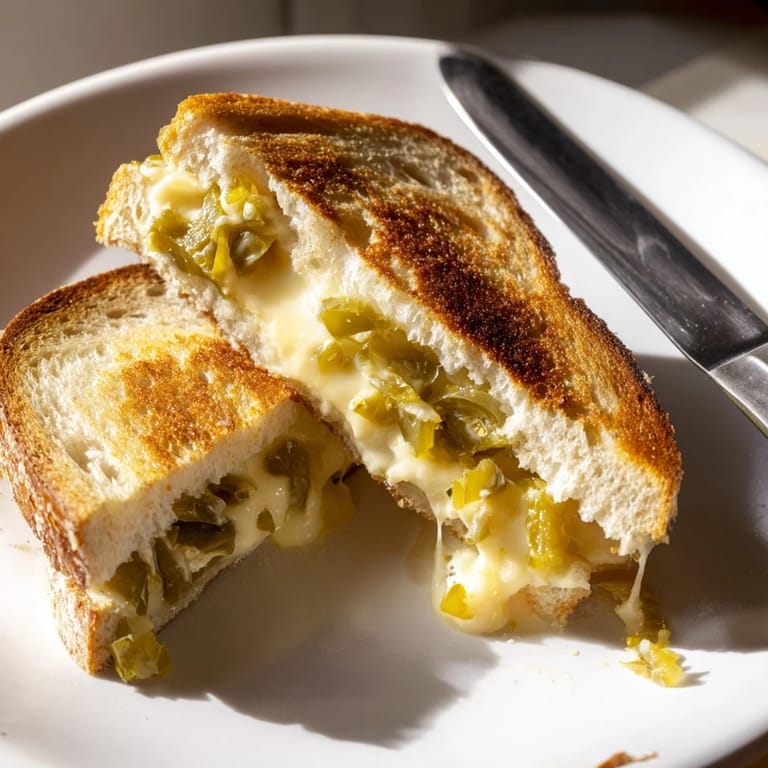 Melty pepper jack grilled cheese sandwich on buttery sourdough, loaded with spicy pickled jalapeño slices for a delicious kick.