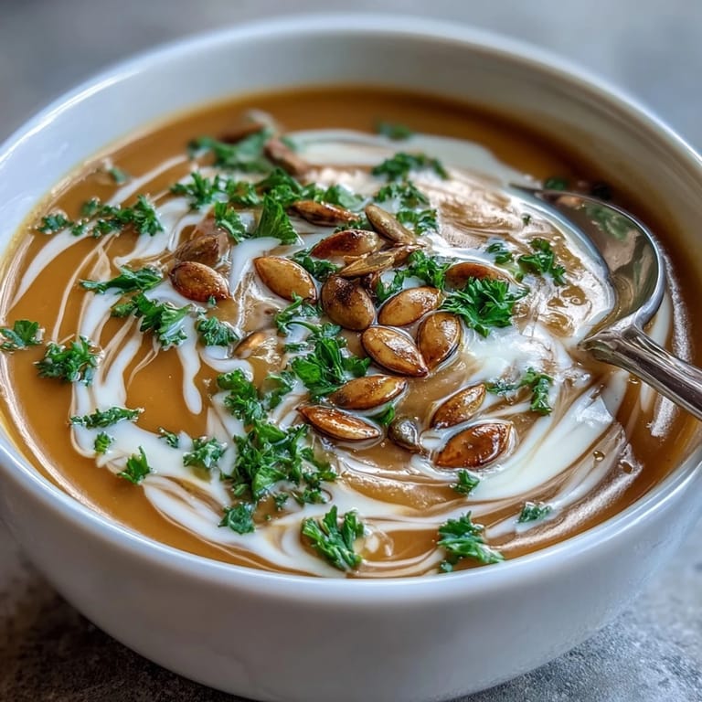 Golden butternut squash and apple soup, elegantly seasoned, perfect for a cozy meal.