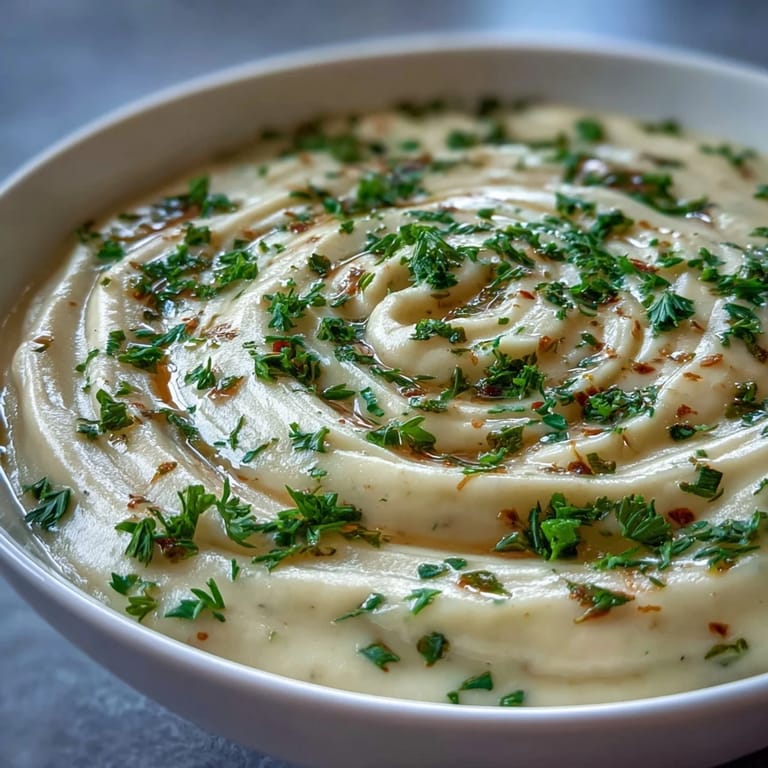 Velvety smooth parsnip and herb soup steaming gently in a white bowl, highlighting its creamy texture.
