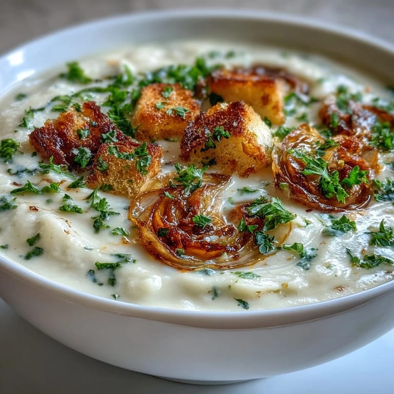 Homemade roasted garlic soup simmering in a pot, featuring golden garlic cloves and rustic croutons for a comforting meal.